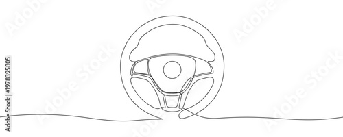 Illustration of a car steering wheel, made in one continuous line. Minimalistic drawing of car parts in the style of one line art. Vector illustration.