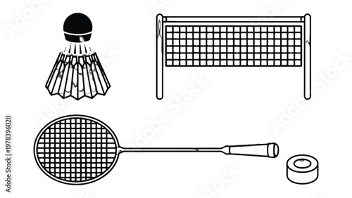 Badminton Equipment Illustration: A comprehensive illustration of badminton gear, perfect for sports, leisure, and recreational activities. 