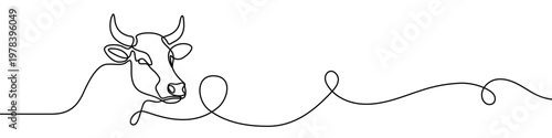 Illustration of a cow head, made in one continuous line. Minimalistic drawing of a farm animal or bull in the style of one line art. Vector illustration.