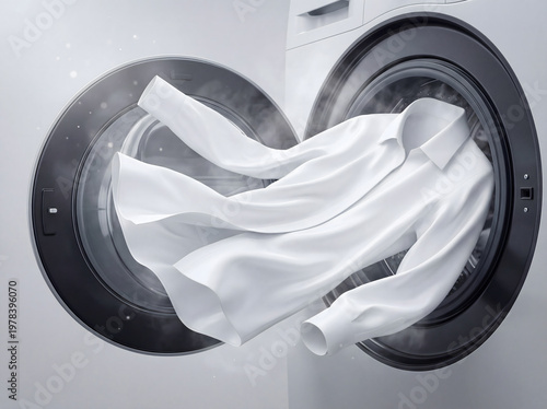 White shirt flying out of washing machine