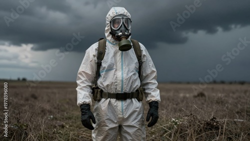 Person in a full-body hazmat suit with a gas mask standing in a desola.