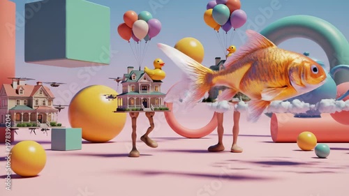 Surreal composition featuring floating houses with yellow rubber ducks and colorful balloons against a geometric background