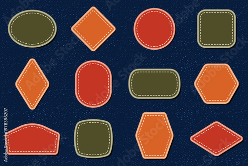 Geometric embroidery patches on denim background vector collection with circle square diamond stitched badges textile mockup for apparel design isolated on dark fabric texture