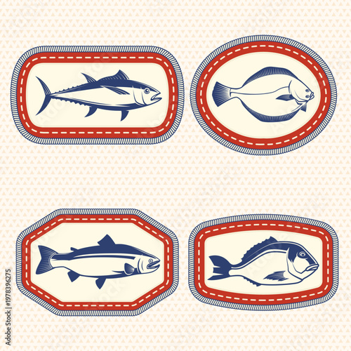 Fish embroidery patches vector collection with tuna salmon and sea fish stitched badge set nautical seafood design isolated on light background