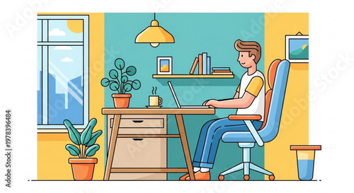 Young man working on laptop at home office desk with plants and books on shelf
