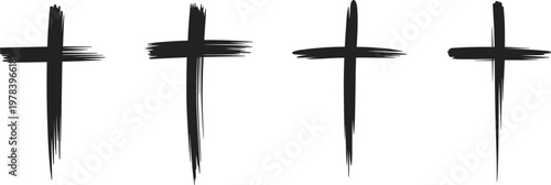 Christian cross silhouette hand drawn brush set, religious crucifix icons for church and easter vector illustration