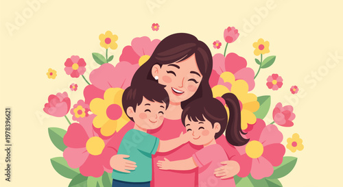 Mother embracing son and daughter with giant floral background for mothers day celebration warm family hug and affection flat vector illustration