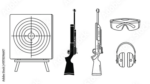 Precision and Safety: A graphic representation of shooting range essentials, a target, rifles, and protective gear. Symbolizing skill, focus, and adherence to safety protocols.