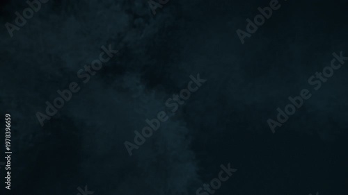 Two bursts of bright, acid-yellow smoke appear diagonally from the corners on a black background. A detailed 3D simulation of toxic gas smoothly transitions into dark ash and dissipates