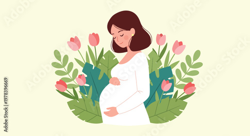Pregnant woman standing among lush green leaves and pink tulips representing fertility and new life for maternity concept health and wellness poster