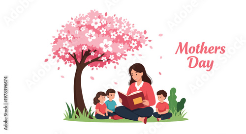 Mother reading book to three children sitting under cherry blossom tree with mothers day text greeting card design for education and family time