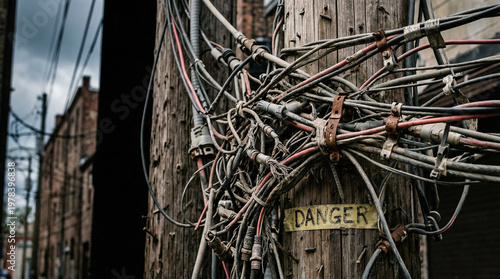 Messy electrical wires tangled on old wooden utility pole in urban alleyway create hazardous environment with danger sign visible close up in city setting under moody sky background with buildings.