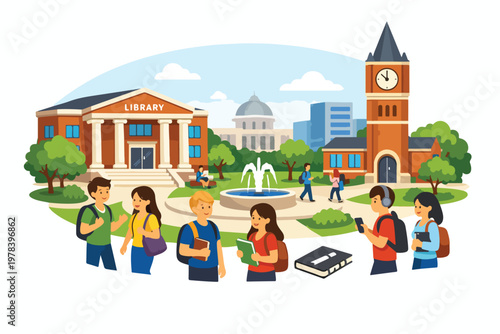 Flat vector illustration of a university campus with students walking, library, and tower