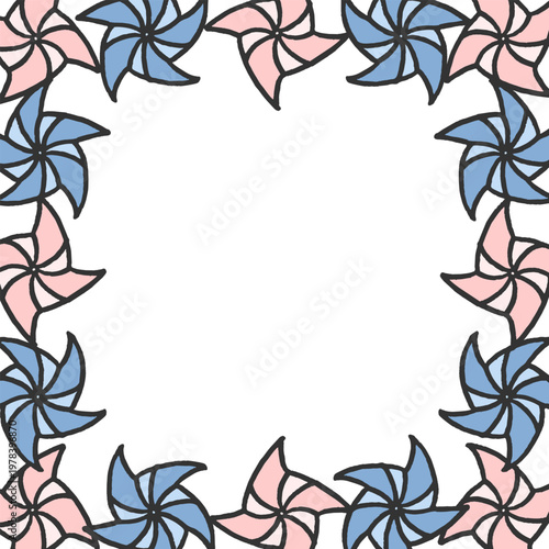 Decorative frame with colorful pinwheel shapes forming circular border.