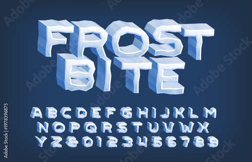 Frost Bite font. Sharp 3D ice letters and numbers. Stock vector for bold typography creations.