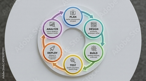 Circular development lifecycle diagram with six stages including plan, design, build, test, deploy, and analyze, project management, and software process.
