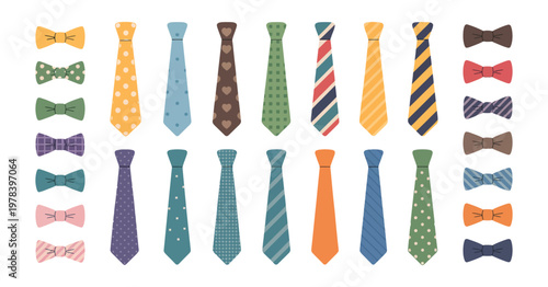 Colored men tie and bow tie set vector flat illustration necktie collection business party suit accessory design isolated on white background