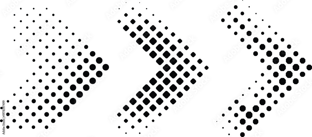 Fototapeta premium Halftone arrow collection set, black dotted chevron pointer icons for digital directional motion isolated vector illustration