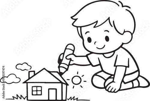 Minimal vector of a child holding a crayon and drawing a house