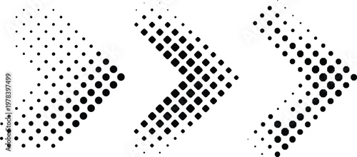 Halftone arrow collection set, black dotted chevron pointer icons for digital directional motion isolated vector illustration