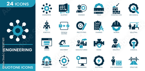 Engineering icon set. Blueprint, engineer, tools, construction, mechanical, robotics, planning, machinery, factory, engine, architect, electrical, civil, structure. Duotone vector icons.