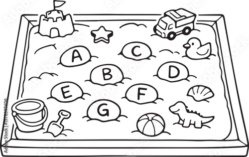 Cute bird‑view doodle of a sandbox with alphabet stones and tiny toys