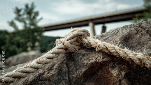 close-up of an old rope on a rock with a bridge in the background, and a forest lake in the background.