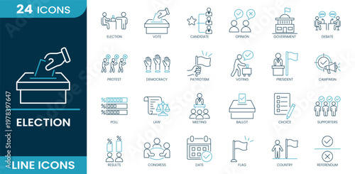 Election icon set. Voting process, ballot, candidate, opinion, government, debate, protest, democracy, campaign, poll, law, meeting, supporters, results, referendum. Line vector icons.