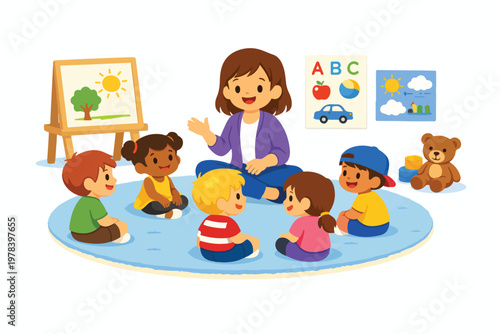 Flat illustration of a kindergarten circle time with teacher and students sitting on floor
