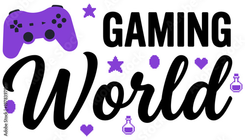 A purple gaming controller and pixel art icons surround the bold text GAMING World in black and purple 176 characters video games gamer play fun entertainment hobby technology