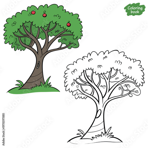 Cartoon Apple Tree Coloring Page – Nature Fruit Illustration with Black and White Outline for Kids Educational and Creative Learning