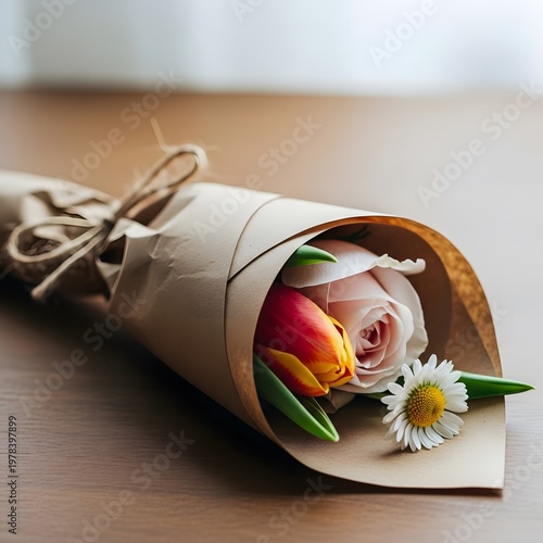 Bouquet of fresh flowers including a rose tulip and daisy wrapped in brown paper with twine floral pink
