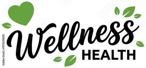 Green heart symbol and leaves alongside the word Wellness and HEALTH in bold font suggesting holistic well being and healthy living wellbeing care lifestyle leaf logo concept
