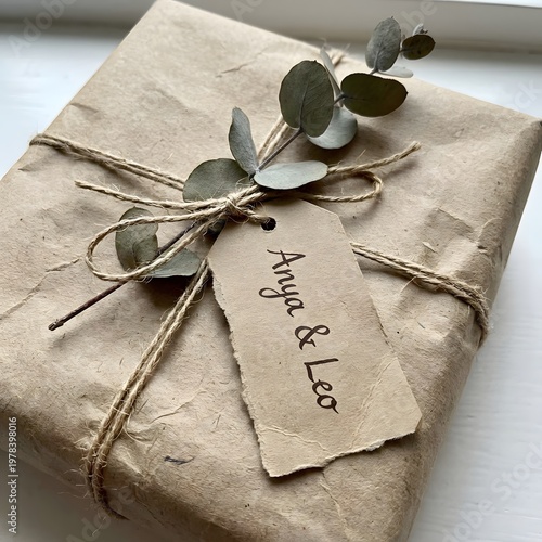 Gift Wrapped in Brown Kraft Paper Tied with Twine and Decorated with Eucalyptus Sprigs and a Handwritten