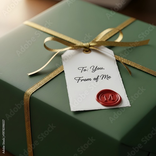 Green Gift Box Wrapped With Gold Ribbon And A White Gift Tag With Wax Seal whisk