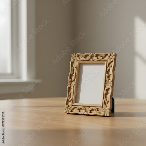 Ornate Carved Wooden Frame on a Light Wood Surface background