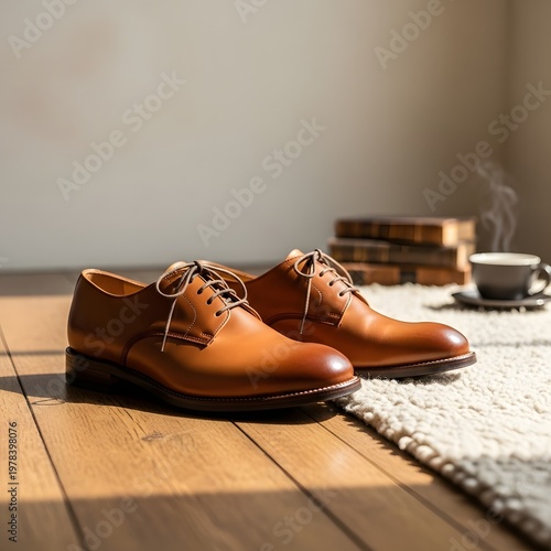Polished brown leather oxford shoes on a wooden floor with books and coffee Keywords: oxford shoes