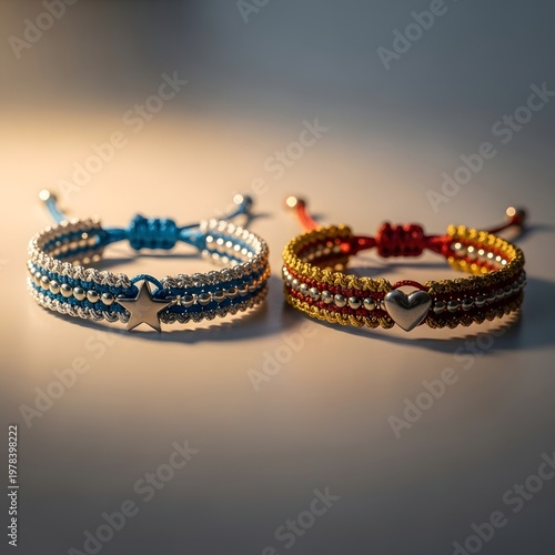Two Handmade Friendship Bracelets with Star and Heart Charms on White Surface whisk