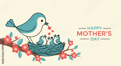 Happy mothers day greeting card with mother bird feeding heart shape food to baby birds in nest on tree branch with flowers