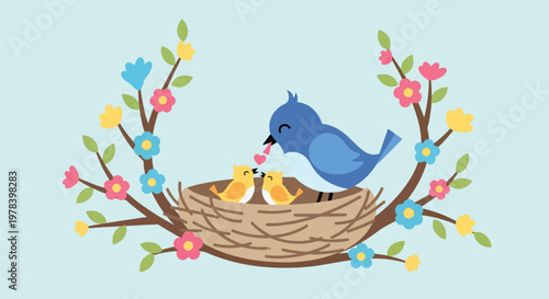 Cute blue mother bird feeding yellow baby birds heart shape food in nest on floral branch for happy mothers day celebration
