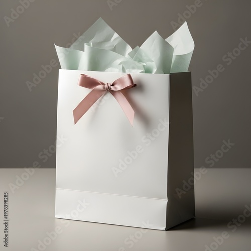 White Gift Bag With Light Green Tissue Paper And Pink Ribbon Bow whisk