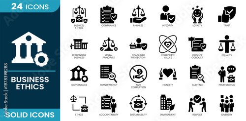 Business ethics icon set. Compliance, fairness, integrity, loyalty, trust, governance, transparency, anti corruption, auditing, accountability, sustainability, equality, diversity. Solid vector icons.