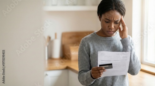 African young woman holding medical bill and card showing stress