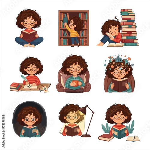Cute cartoon girl with curly hair reading books and studying in various poses and activities collection for education or library themed design projects