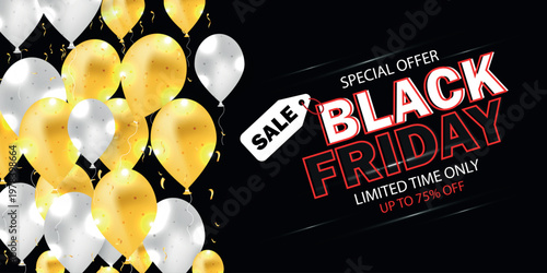 Black Friday sale banner with golden and silver balloons 