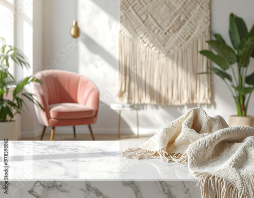 Cozy living room interior with pink armchair and macrame wall hanging