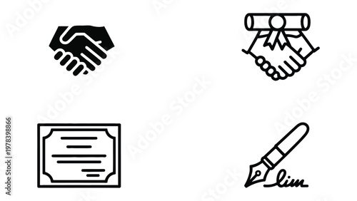 Agreements and Contracts Icons: A collection of simple icons represents various aspects of agreements and contracts, including handshake, certificate and pen.