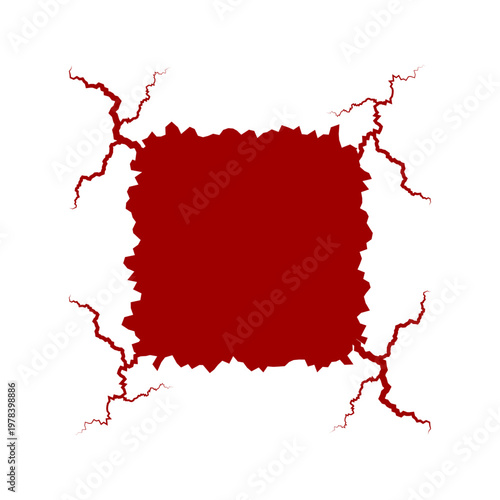 dark red square crack frame with jagged broken edges, abstract lightning strike square border on white background, cracked wall hole effect with red electrical impact lines