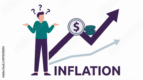 Man confused by rising inflation illustrated with money graph