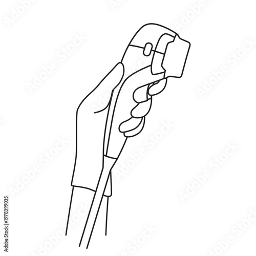 Line woman hand holding professional apparatus for HIFU procedure. Outline tool for SMAS ultrasound face lifting by cosmetologist. Professional medical skin lift for anti aging effect. Device for